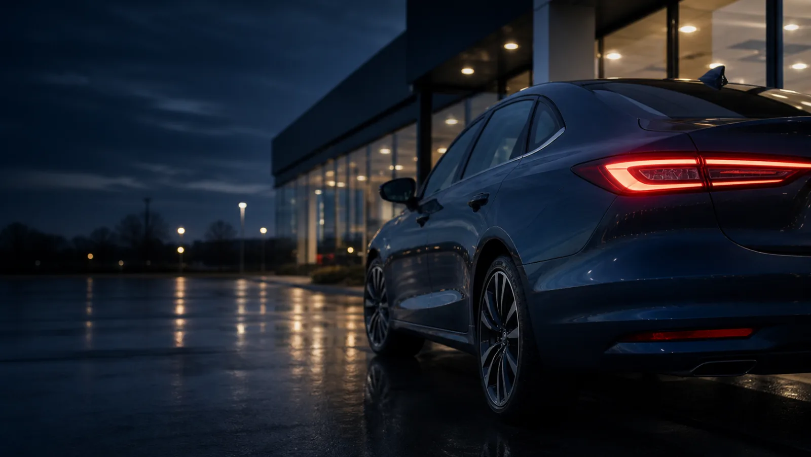 A car at a dealership after dark, ready for the next road.